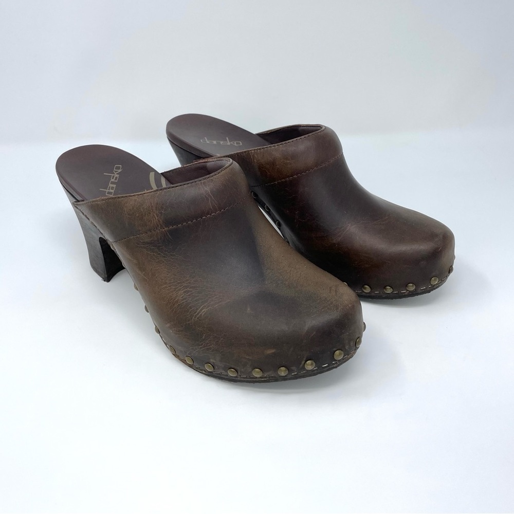 Dansko Rae Leather Studded Heeled Slip On Mule Clogs Brown Womens 41 or US 10.5